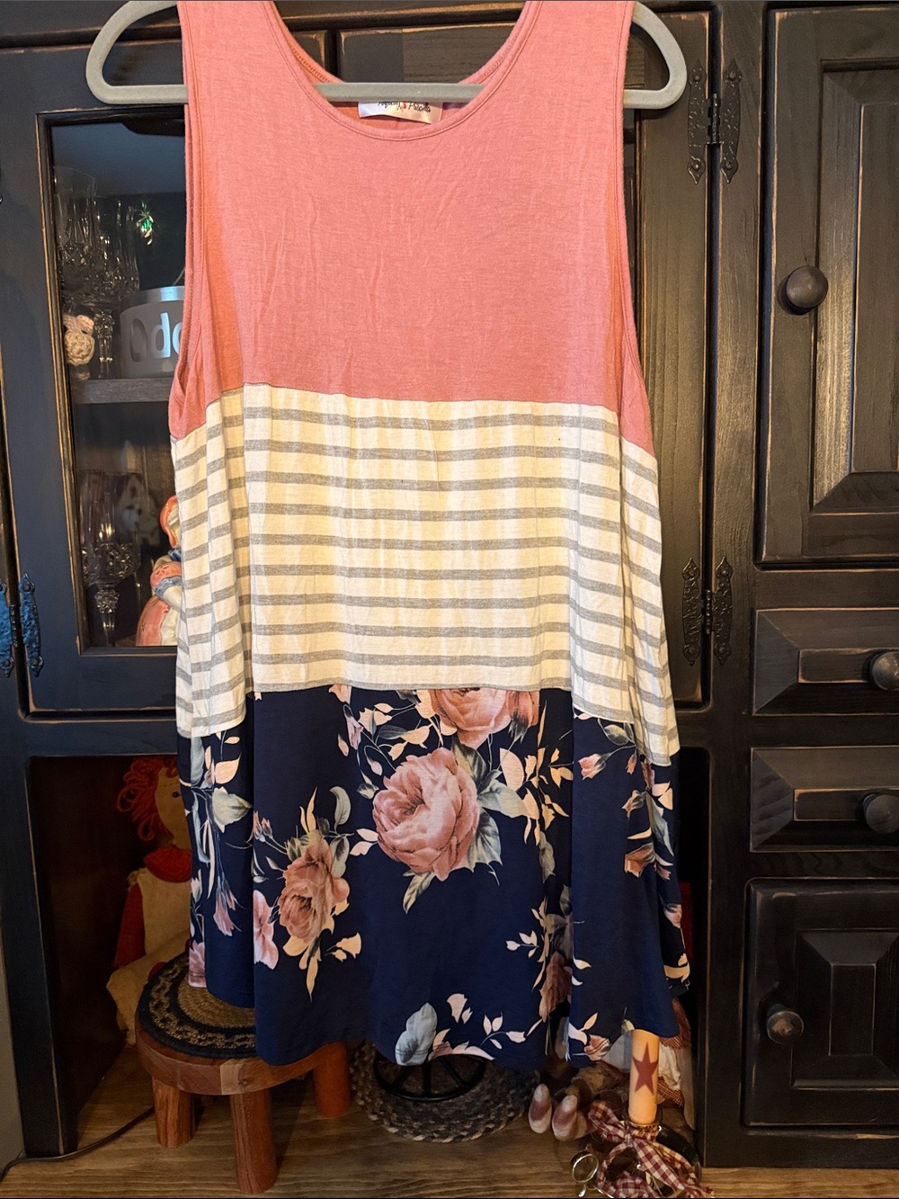 Sleeveless Navy Floral & Pink A-Line Women's Top